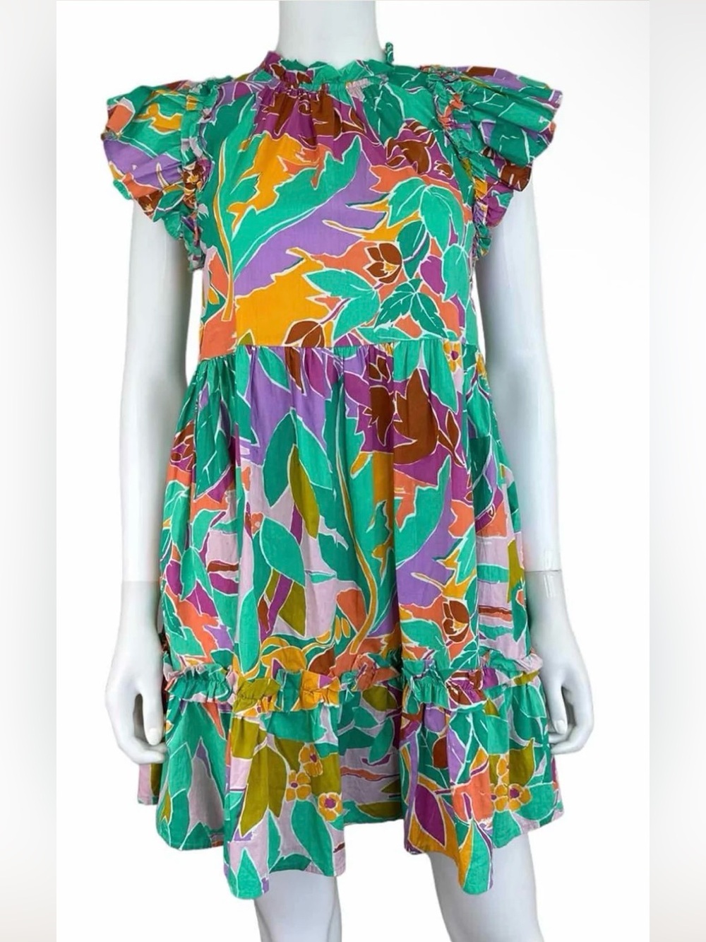 House of Harlow 1960 Vibrant Floral Mini Dress in Green, Purple & Orange